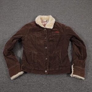 Roxy Jacket Womens Large Brown Corduroy Sherpa Lined Button Trucker Faux Fur